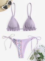 Maillot de Bain Bikini Fleur Côtelé à Volants Style Bohémien Taille unique Violet clair