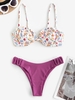 Maillot de Bain Bikini Fleuri Côtelé à Armature à Volants Taille unique Pourpre