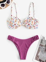 Maillot de Bain Bikini Fleuri Côtelé à Armature à Volants Taille unique Pourpre