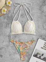 Maillot de Bain Bikini Fleuri Côtelé Texturé à Bretelle à Col Halter Taille unique Jaune clair