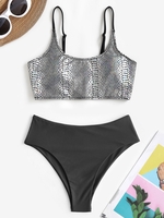 Maillot de Bain Bikini Métallisé à Imprimé Serpent à Taille Haute Taille unique Argent