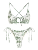 Maillot de Bain Bikini Noué à Côté à Imprimé Toile De Jouy à Lacets à Cordon L Vert clair