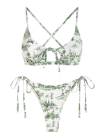 Maillot de Bain Bikini Noué à Côté à Imprimé Toile De Jouy à Lacets à Cordon L Vert clair