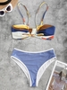 Maillot de Bain Bikini Noué Contrasté Côtelé en Blocs de Couleurs Taille unique Bleu clair