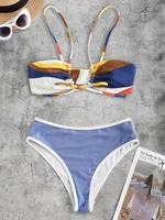 Maillot de Bain Bikini Noué Contrasté Côtelé en Blocs de Couleurs Taille unique Bleu clair