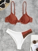 Maillot de Bain Bikini Plissé en Blocs de Couleurs avec Nœud Papillon Taille unique Café