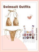 Maillot de Bain Bikini Réversible Fleuri Côtelé avec Top de Cache-maillot Au Crochet Taille unique Café lumière