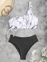 Maillot de Bain Bikini Sanglé Marbre à Une Epaule à Taille Haute Taille unique Noir