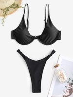 Maillot de Bain Bikini String Push Up avec Noeud à Jambe Haute Taille unique Noir