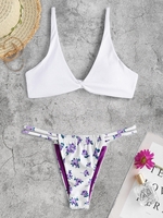 Maillot de Bain Bikini Tordu Fleuri Côtelé à Bretelle à Volants Taille unique Blanc