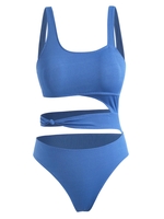 Maillot de Bain Noué Découpé Côtelé de Grande Taille Une-Pièce Xxxl Bleu