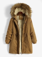 Manteau à Capuche Chaud Zippé en Fausse Fourrure en Velours Côtelé Design L Café