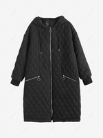 Manteau à Capuche Matelassé Long Zippé avec Poches Xl Noir
