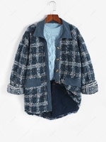 Manteau Chemise Haut Bas à Carreaux Goutte Epaule en Velours Côtelé L Bleu