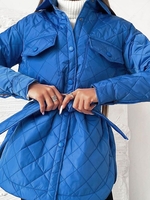 Manteau Doudoune Matelassé Ceinturé en Couleur Unie avec Bouton et Poche à Rabat S Bleu
