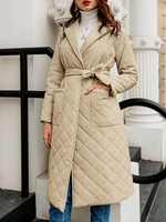 Manteau Doudoune Matelassé Long Ceinturé à Col Revers M Café lumière