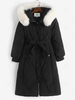 Manteau en Canard Blanc Haut Qualité à Capuche Ceinturé à Col en Fausse Fourrure M Noir
