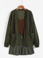 Manteau en Peluche Boutonné à Goutte Epaule avec Poche L Vert profond
