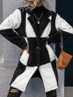 Manteau Fourré en Blocs de Couleurs à Col Revers S Noir