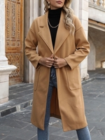 Manteau Long Ceinturé à Goutte Epaule avec Poche en Laine Mélangée M Café