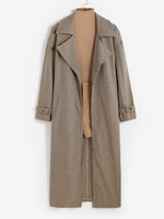 Manteau Long Ceinturé Carreaux à Grille à Goutte Epaule S Café