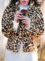 Manteau Léopard Zippé en Fausse Fourrure avec Double Poches S Café