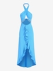 Maxi Robe de Soirée Découpée Perlée à Volants à Col Halter S Bleu
