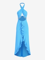 Maxi Robe de Soirée Découpée Perlée à Volants à Col Halter S Bleu