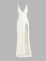 Maxi Robe de Soirée en Dentelle Insérée à Paillettes L Blanc