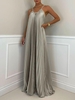 Maxi Robe de Soirée Plissée à Bretelle en Satin L Gris