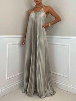 Maxi Robe de Soirée Plissée à Bretelle en Satin S Gris