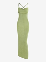 Maxi Robe Longue à Col Bénitier à Dos Nu Croisé à Bretelles en Jersey M Vert