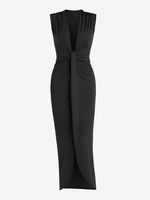 Maxi Robe Longue Fendue Volantée à Col Plongeant L Noir