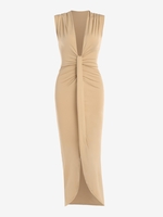 Maxi Robe Longue Fendue Volantée à Col Plongeant M Café lumière