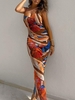 Maxi Robe Moulante en Blocs de Couleurs à Bretelle à Volants M Multi a