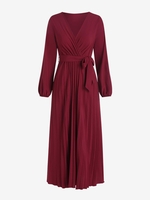 Maxi Robe Plissée Ceinturée à Col V S Rouge foncé