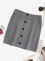 Mini Jupe Boutonnée Carreaux à Grille avec Poches M Noir