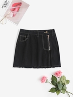 Mini-jupe en Denim Zippée Fendue Avant L Noir