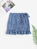 Mini Jupe Fleurie Taille Nouée à Volants L Bleu
