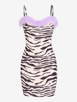 Mini Robe à Bretelle Rayée Zèbre à Ourlet avec Plume M Noir
