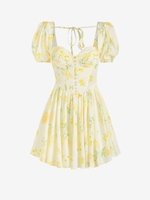 Mini Robe à Imprimé Fleur à Manches Bouffantes avec Bouton M Jaune clair