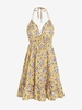 Mini Robe à Imprimé Fleur sans Dos à Col Halter M Jaune