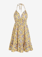 Mini Robe à Imprimé Fleur sans Dos à Col Halter M Jaune