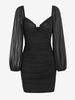 Mini Robe Ajustée Plissée Armature en V à Manches en Tulle Transparent M Noir