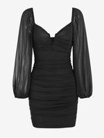 Mini Robe Ajustée Plissée Armature en V à Manches en Tulle Transparent M Noir