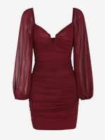 Mini Robe Ajustée Plissée Armature en V à Manches en Tulle Transparent S Rouge