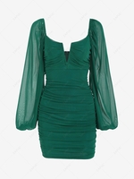 Mini Robe Ajustée Plissée Armature en V à Manches Transparentes L Vert profond