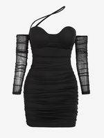 Mini Robe Ajustée Plissée Bustier à Manches en Tulle Transparente L Noir