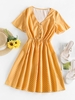 Mini Robe Boutonnée à Manches Bouffantes à Pois L Jaune