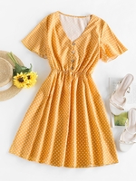 Mini Robe Boutonnée à Manches Bouffantes à Pois L Jaune